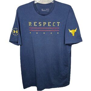 Under Armour‎ Project Rock Respect Mens Medium Tee Blue HeatGear Bull Logo Shirt